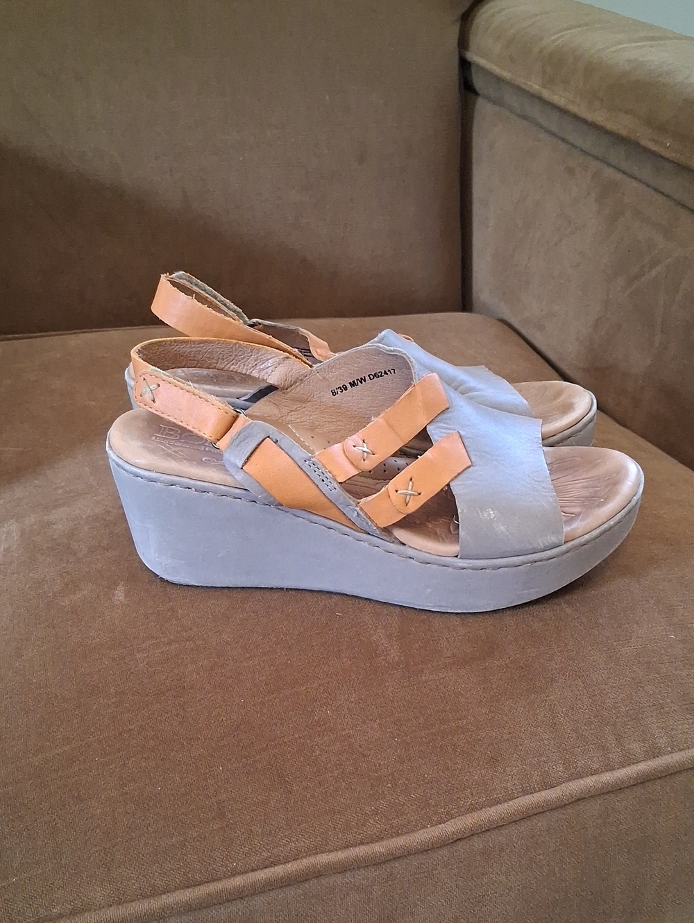 Born Two-Tone Wedge Slingback Sandal in Gray and Tan